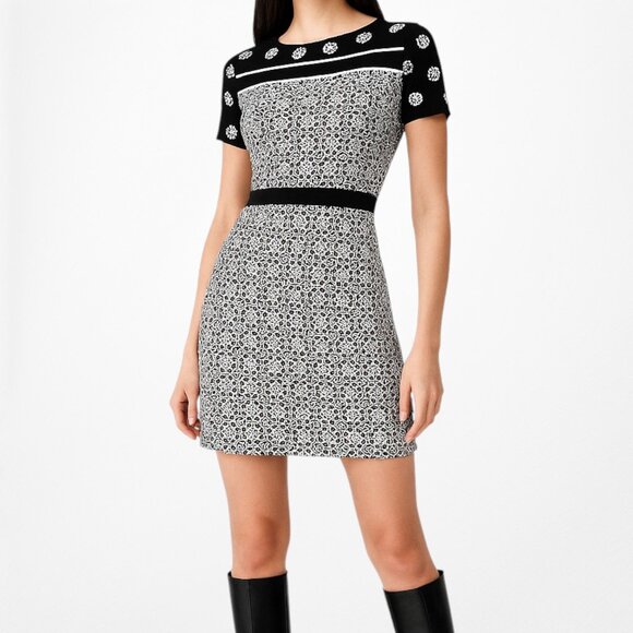 Vintage Y2K Loft Black White Printed Short Sleeve Knit Knee Length Dress Size M - Picture 1 of 6